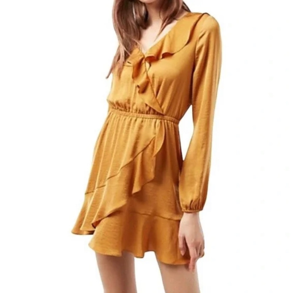 Express Women's Small Faux Wrap Ruffle Elastic Waist Dress Honey Yellow Mustard